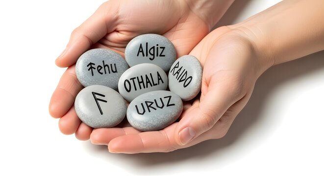 Hands holding rune stones with ancient Germanic alphabet symbols during bright studio lighting conveying wisdom and destiny