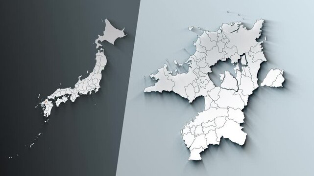 Animated Map of Fukuoka State Highlighted Within Japan with Prefectures Borders