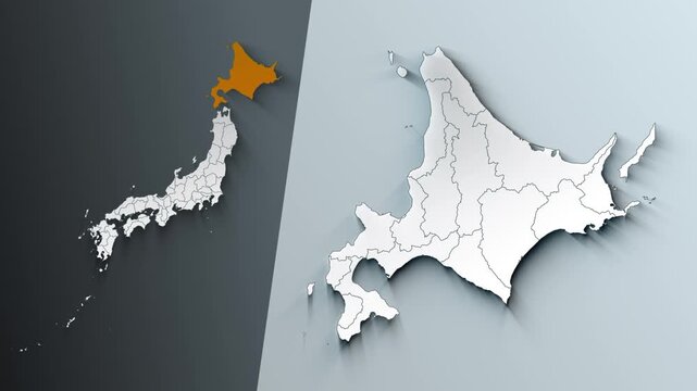 Animated Map of Hokkaido State Highlighted Within Japan with Prefectures Borders