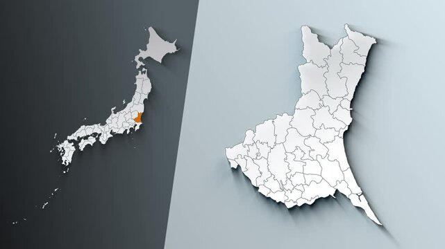 Animated Map of Ibaraki State Highlighted Within Japan with Prefectures Borders