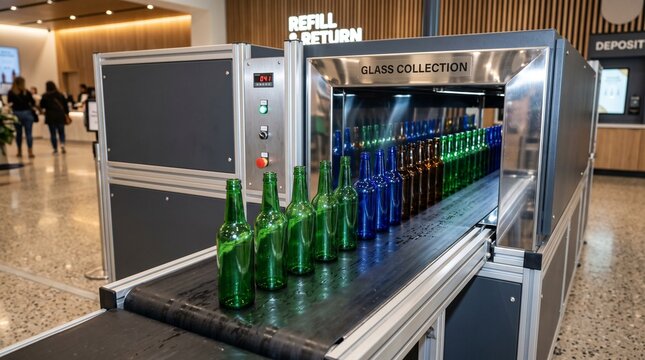 Colorful refillable bottles move through a return conveyor