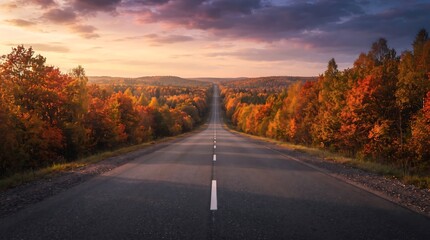 Obraz premium Empty asphalt road leading through a colorful autumn forest during a beautiful golden sunset