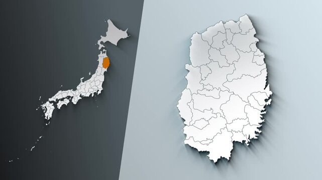 Animated Map of Iwate State Highlighted Within Japan with Prefectures Borders