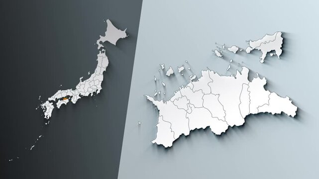 Animated Map of Kagawa State Highlighted Within Japan with Prefectures Borders