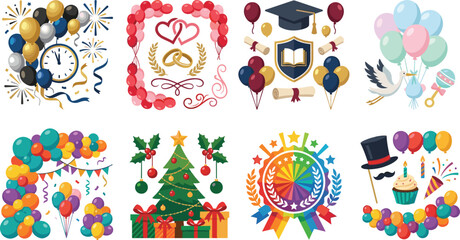 Fototapeta premium Celebration Event Illustration Set with Balloons Graduation Wedding and Party Decorations