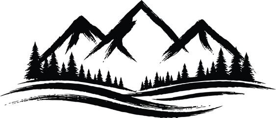 Fototapeta premium Black and white silhouette of a mountain range with a lake and pine trees