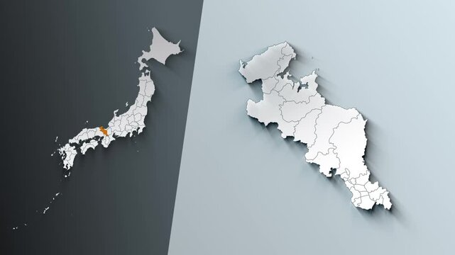 Animated Map of Kyoto State Highlighted Within Japan with Prefectures Borders