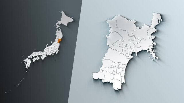 Animated Map of Miyagi State Highlighted Within Japan with Prefectures Borders