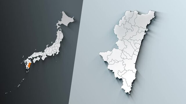 Animated Map of Miyazaki State Highlighted Within Japan with Prefectures Borders