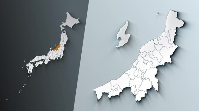 Animated Map of Niigata State Highlighted Within Japan with Prefectures Borders