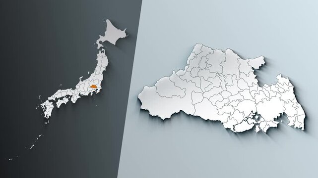 Animated Map of Saitama State Highlighted Within Japan with Prefectures Borders