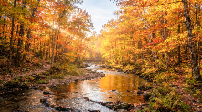 Senderista caminando junto a un r&iacute;o cristalino en un frondoso bosque de oto&ntilde;o, iluminado por c&aacute;lidos rayos de sol entre hojas doradas y rojizas.