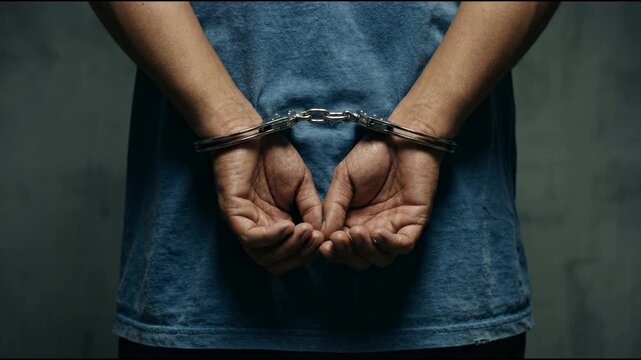 Person Wearing Handcuffs with Hands Clasped Behind Back Illustrating Arrest Crime and Justice Concepts