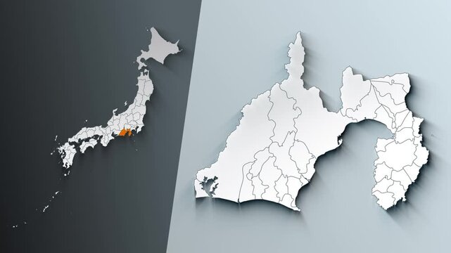 Animated Map of Shizuoka State Highlighted Within Japan with Prefectures Borders
