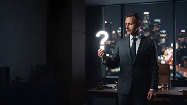 Businessman Holding Glowing Question Mark Lightbulb in Modern Office at Night.