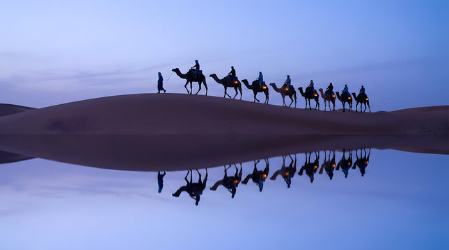 Camel caravan silhouette reflected in desert water at twilight.