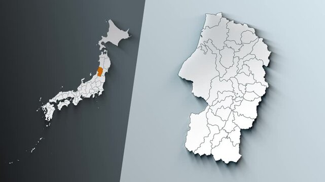 Animated Map of Yamagata State Highlighted Within Japan with Prefectures Borders