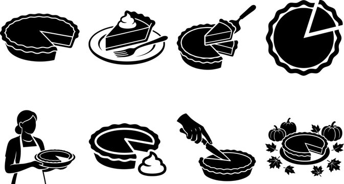 Collection of festive holiday food icons featuring delicious pumpkin pies and baking elements in a classic black thanksgiving day silhouette