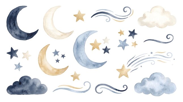 Watercolor collection of cute blue and beige celestial elements including crescent moons, twinkling stars, and fluffy clouds arranged on a white background.