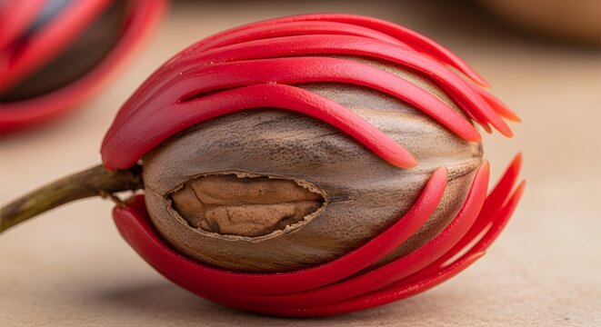 Whole nutmeg in its red aril casing with shallow depth of field on a textured surface
