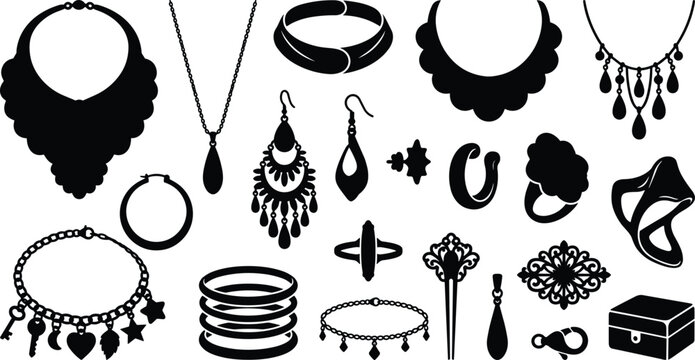 Black Jewelry Silhouette Icon Set Featuring Statement Necklaces, Drop Earrings, Hoop, Charm Bracelets, Rings, Brooch, Hairpin, and Jewelry Box Vector Illustration