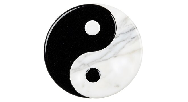 Yin Yang symbol on white background balanced duality with contrasting marble and black surfaces concept of harmony