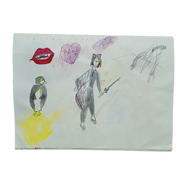 Child drawing of a penguin and a person with a sword