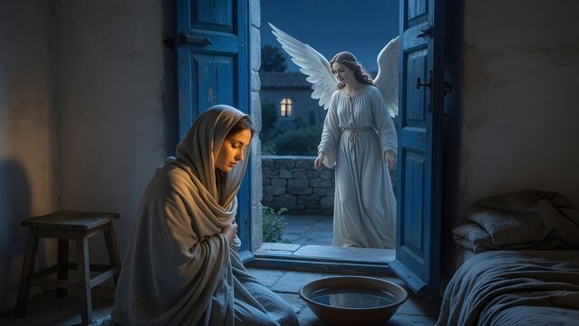 the Virgin Mary encountering a gentle angel in a tranquil night home, the angel framed by an open blue doorway as a sign of heaven entering ordinary life, Environment: pale domestic room with
