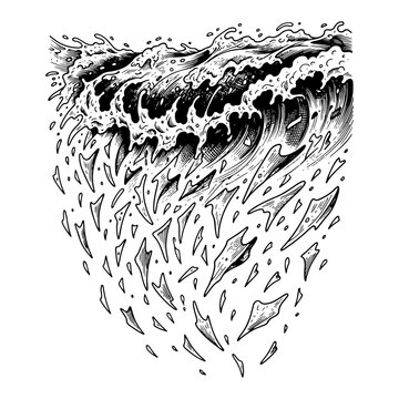 Crashing ocean wave breaking into sharp shards illustration, abstract sea water splash and destruction concept, vintage engraving style powerful wave art vector