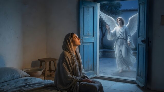 the Virgin Mary encountering a gentle angel in a tranquil night home, the angel framed by an open blue doorway as a sign of heaven entering ordinary life, Environment: pale domestic room with