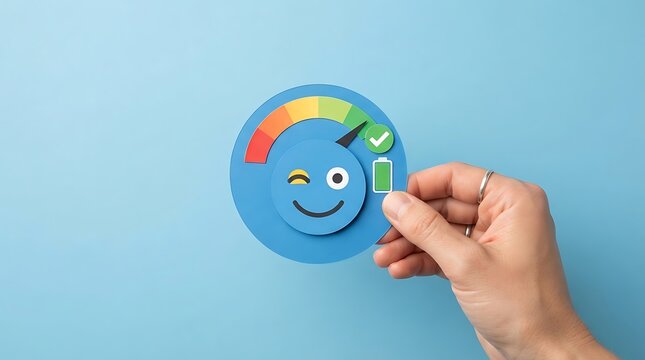 Hand holding a blue circular paper cutout with a winking smiley face, a colorful gauge, and a green battery on a light blue background