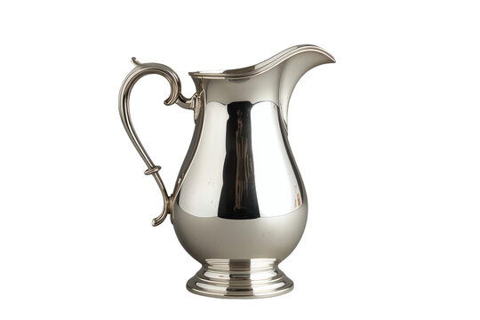 Polished silver serving pitcher with curved handle and spout