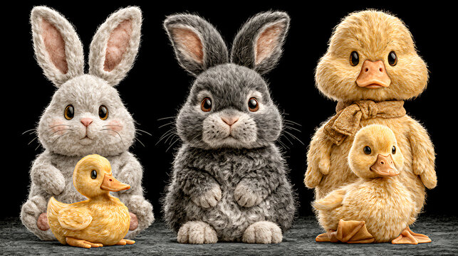 Rabbits and ducks in various poses are presented in a photorealistic style