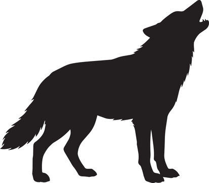 Howling wolf silhouette vector, black wild animal profile, predatory canine standing pose, minimalist nature icon for logo design