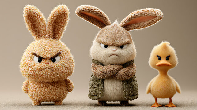 Photorealistic rabbits and duck display angry expressions against a neutral background