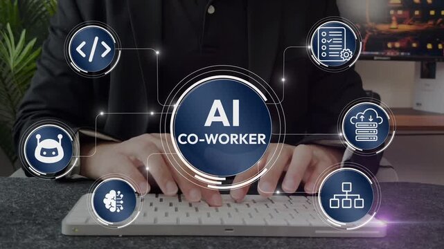 AI co worker assistant concept. Artificial intelligence and virtual assistant icons, smart workplace collaboration, task automation and productivity enhancement.