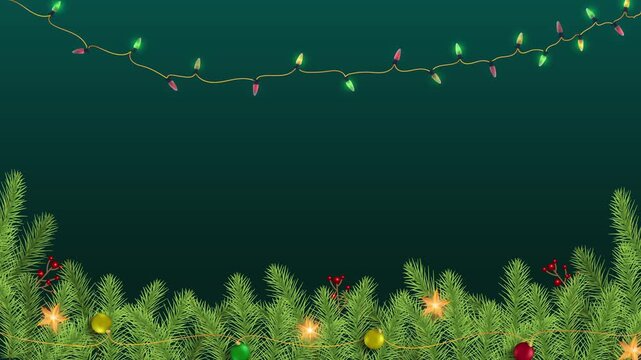 Christmas pine tree branches frame with glowing twinkling lights on dark green background, Ideal for holiday greetings, Merry Christmas videos, New Year or seasonal video templates.