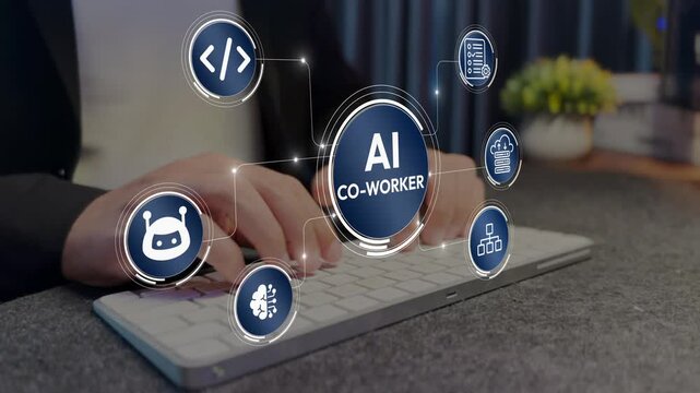 AI co worker assistant concept. Artificial intelligence and virtual assistant icons, smart workplace collaboration, task automation and productivity enhancement.