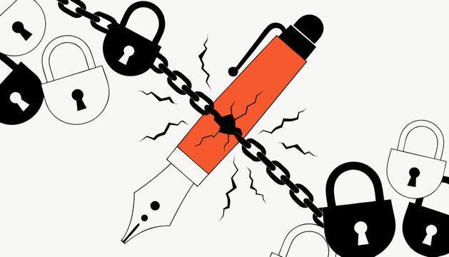 Fountain pen breaking locks and chains representing freedom of speech, press freedom, and censorship. Minimalist vector illustration of liberation through writing.