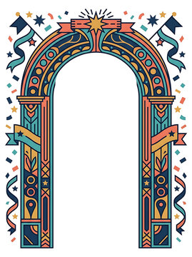 Decorative archway frame with festive ribbons and stars in colorful flat vector illustration style for celebration designs