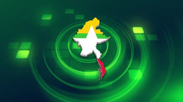 Myanmar Flag on its Country Map, 3D Map Flag Opener Suitable for Politics, Elections, Travel, News and Sports Events and Presentations