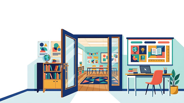 Modern school classroom interior with open door desk and bookshelves