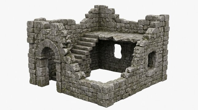 3D rendered medieval stone castle ruin with arched windows and staircase