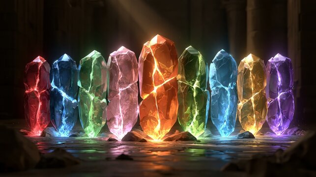 nine ancient frozen crystal jewels cracking with elemental energy