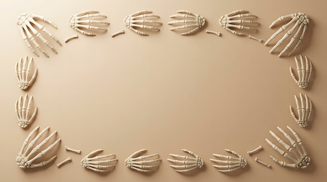 Skeleton hands arranged in a rectangular border frame on a plain beige background creating an eerie minimalist spooky halloween composition