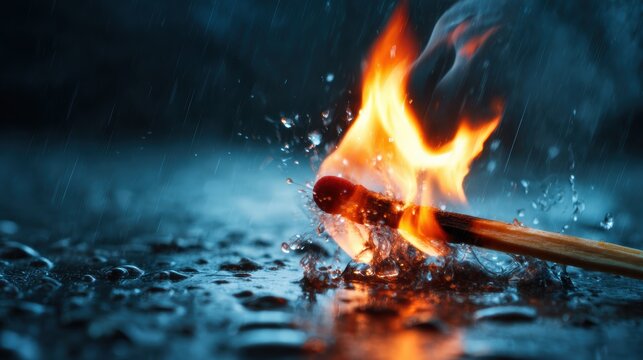 A striking image of a matchstick ignited amidst splashes of water, capturing the contrast and motion of the flame as it dances in the rain, symbolizing resilience and hope.