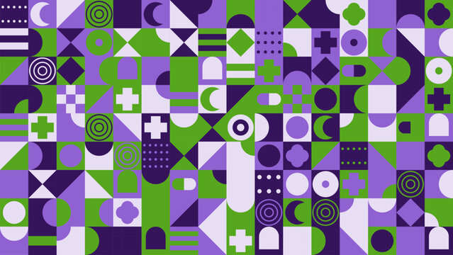 Modern Purple and Green Geometric Pattern with Abstract Bauhaus Art Shapes