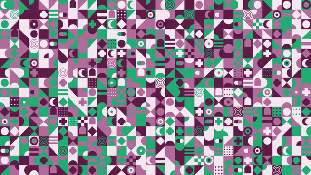 Abstract geometric seamless pattern with purple green and pink vector shapes