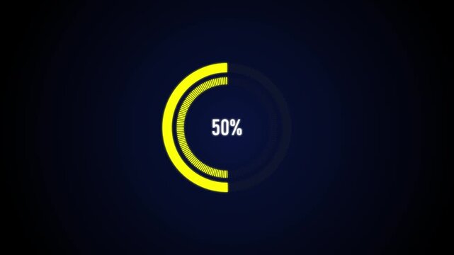Yellow Circular Progress Indicator 100 Percent Loading Animation on blue dark background.4k video