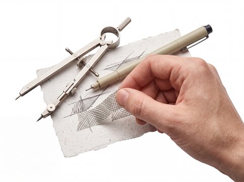 Architect hand holding hatched sketch with compass and pen
